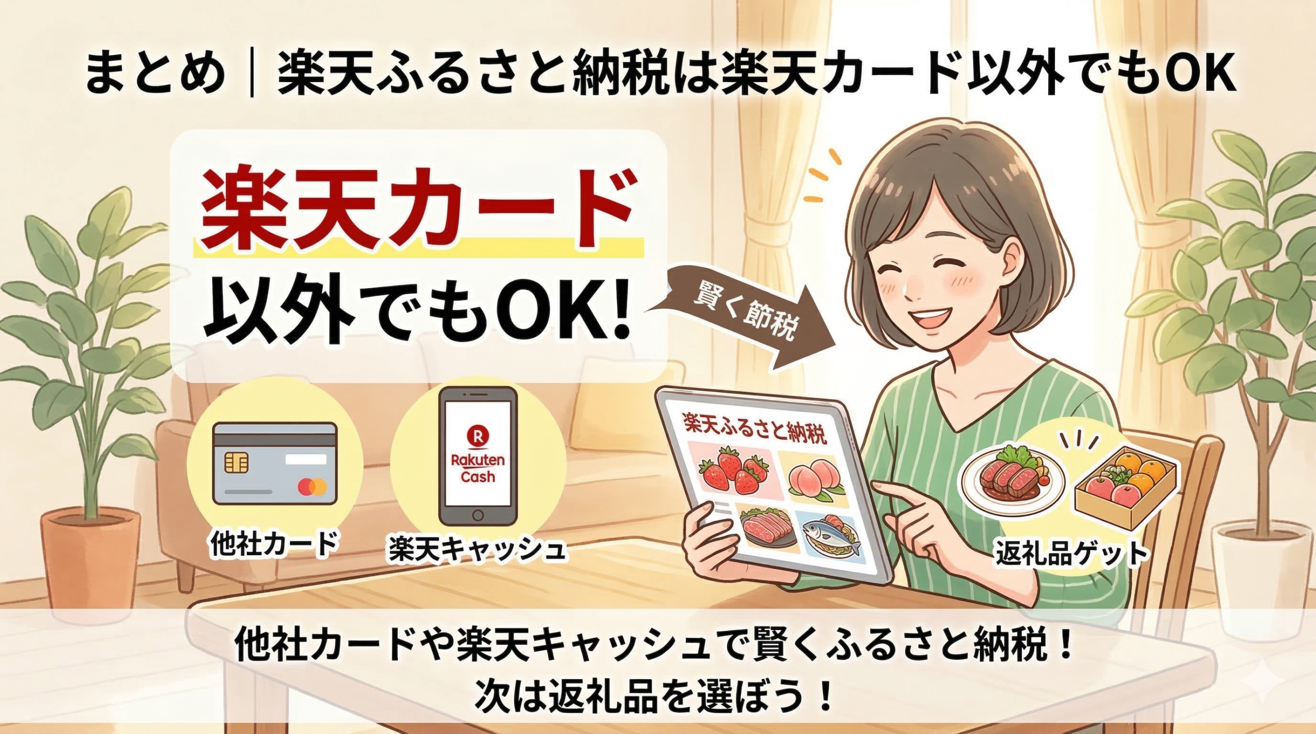 楽天ふるさと納税のまとめ。楽天カード以外（他社カードや楽天キャッシュ）でも利用可能で、賢く節税し返礼品を受け取れることを説明するイラスト。