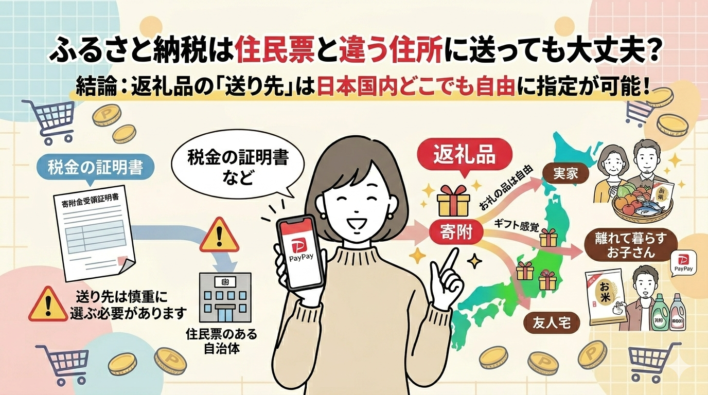 楽天ふるさと納税で返礼品を住民票と違う住所に送るスマホ操作の手順図