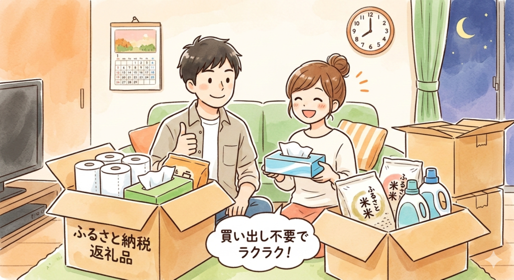 楽天ふるさと納税の日用品返礼品（ティッシュやお米）がダンボールいっぱい届き、買い物から解放されて笑顔でくつろぐ共働き夫婦のイラスト。買い出し不要で節約と時短を叶えるイメージ。