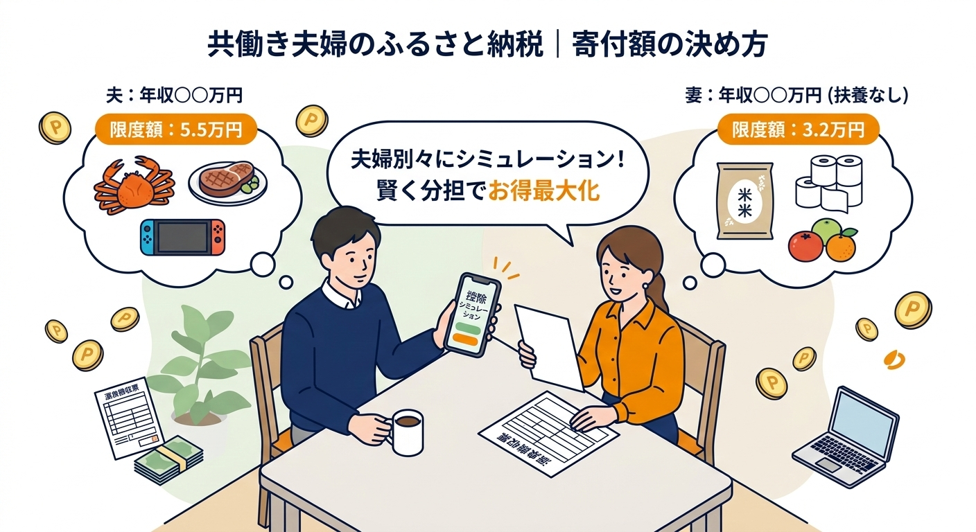ふるさと納税 共働き 夫婦それぞれ 寄付額 決め方 シミュレーション 分担 イラスト