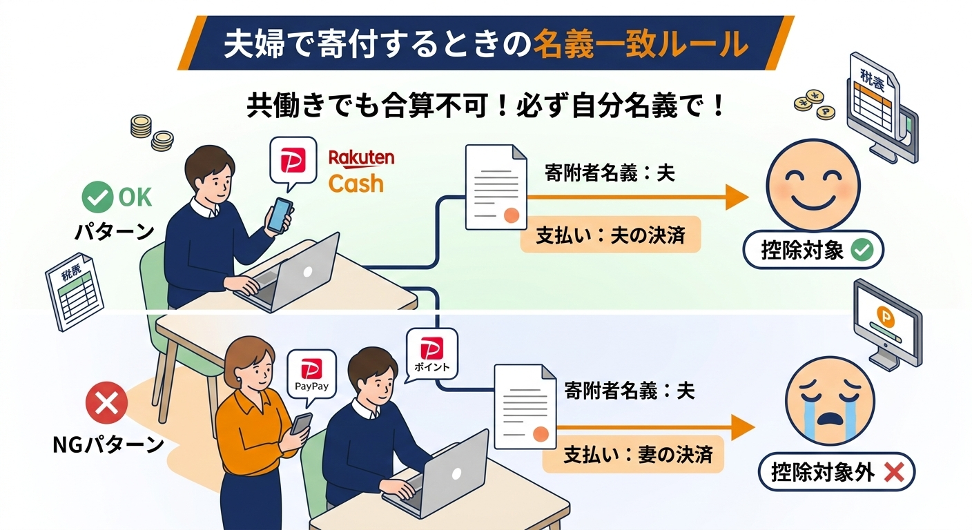 ふるさと納税 夫婦 それぞれ 寄付 共働き 名義 一致 ルール 旦那名義 妻PayPay 支払い NG 比較図