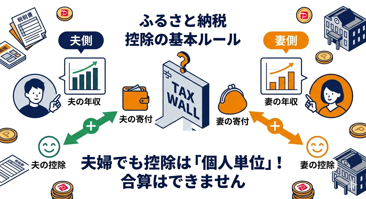 ふるさと納税 夫婦 それぞれ 寄付 共働き 名義 一致 ルール 旦那名義 妻PayPay 支払い NG 比較図