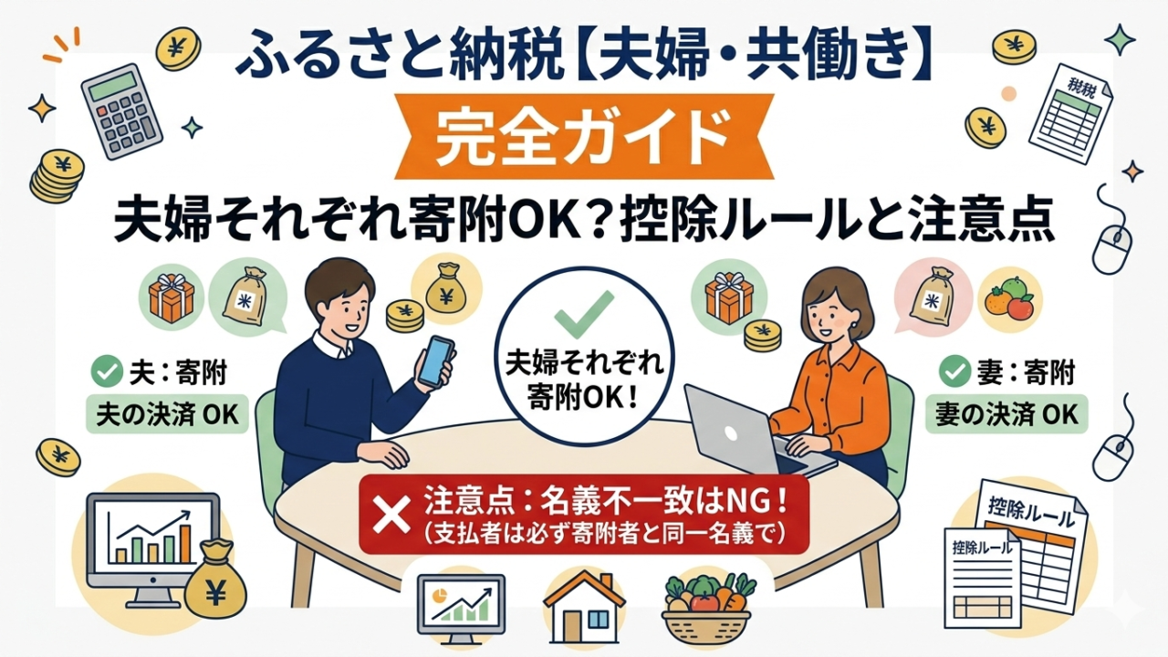ふるさと納税【夫婦・共働き】完全ガイド｜夫婦それぞれ寄附OK？控除ルールと注意点を解説するアイキャッチ画像