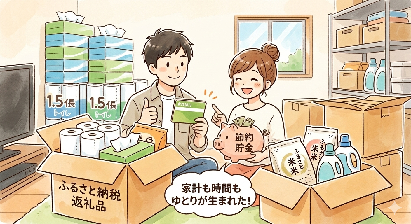 1位〜10位の日用品（ティッシュやお米）が綺麗に収納された棚の前で、通帳とブタの貯金箱を見ながら笑顔で将来の貯金にワクワクする共働き夫婦のイラスト。ふるさと納税で節約と家計管理を叶えたイメージ。